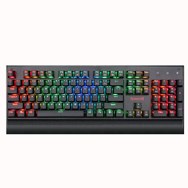 Redragon K557 Kala RGB Backlit Wired Gaming Keyboard, featuring a full-size black layout with customizable RGB lighting effects