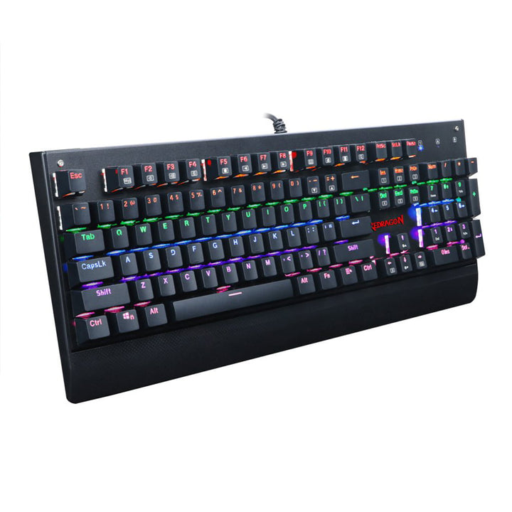 Angled left-side view of Redragon K557 Kala RGB Backlit Wired Gaming Keyboard, displaying vibrant multi-color illumination