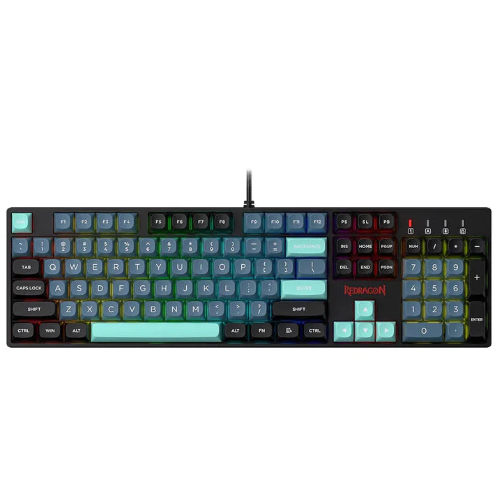 Redragon K582 Surara RGB Mechanical Keyboard, black with multi-colored, backlit keys.