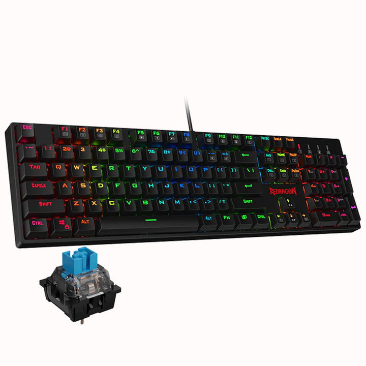 Close-up of a Redragon K582 keyboard, featuring waterproof and dustproof design, with colorful backlit keys and water droplets visible