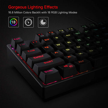 Detailed view of the Redragon K582 Surara's individual key RGB illumination and its impressive range of 18 lighting modes