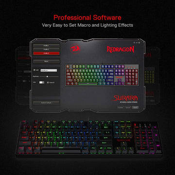 Software interface for Redragon Surara keyboard, showcasing macro settings and customizable colorful lighting effects