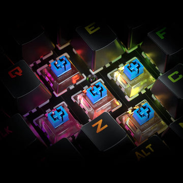 Close-up of Redragon K585 DITI RGB one-handed keyboard showcasing blue mechanical switches and customizable RGB lighting