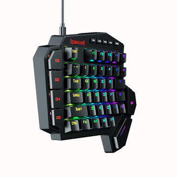 Redragon K585 DITI one-handed keyboard, highlighting on the left G2-G5 macro keys with with vibrant RGB backlighting on main keys