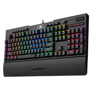 Redragon K586  keyboard, emphasizing its ergonomic tilt, easy access to media controls, & colorful glow from its RGB backlighting