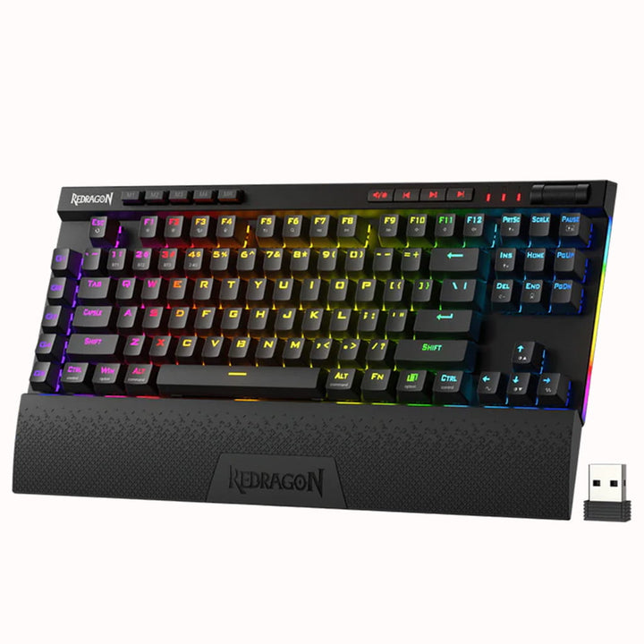 Angled view of colorful Redragon K587 Magic Wand Pro mechanical gaming keyboard with RGB lighting and a detachable USB receiver