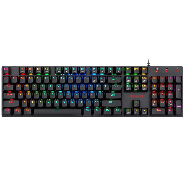 The Redragon K589 Shrapnel, a sturdy black mechanical keyboard with a standard 104-key layout and dynamic RGB lighting