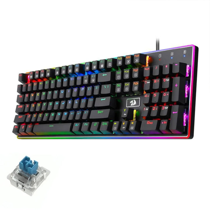 Redragon K595 Ratri Mechanical Gaming Keyboard illustrating responsive RGB lighting and a durable blue mechanical switch component