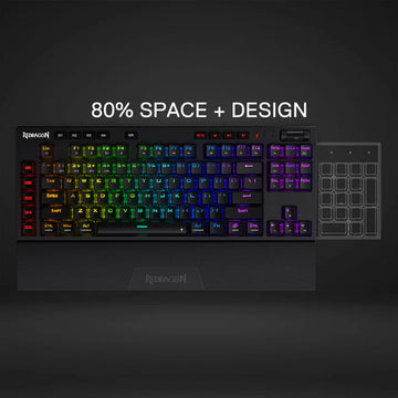 Redragon K596 Keyboard, showcasing its sleek design, compact tenkeyless layout, and vibrant RGB backlighting