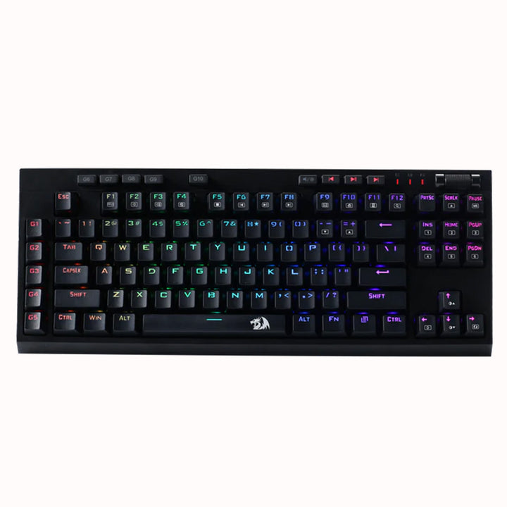 Redragon K596 Vishnu Mechanical Keyboard, showcasing its tenkeyless layout, dedicated macro keys, volume wheel & RGB lighting