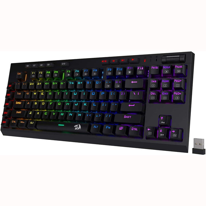 Redragon K596 displaying its robust construction, the detail of its USB connection, media control & glow of its RGB backlight