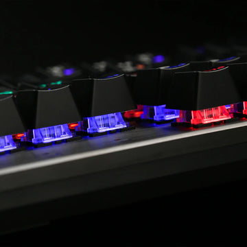 Close-up view of Redragon K608 Valheim Rainbow Gaming Keyboard with illuminated keys