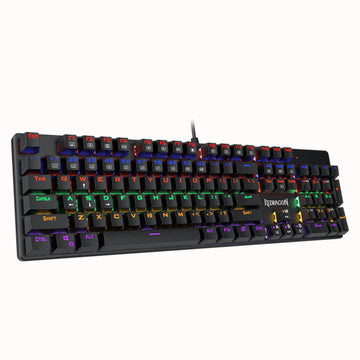 Left side view of the Redragon K608 Valheim Rainbow Gaming Keyboard, highlighting its profile and fixed rainbow backlighting