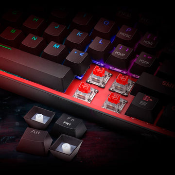 Detailed view of the Redragon K616 RGB Fizz Pro keyboard switches. Image shows red mechanical switches exposed with some keycaps removed