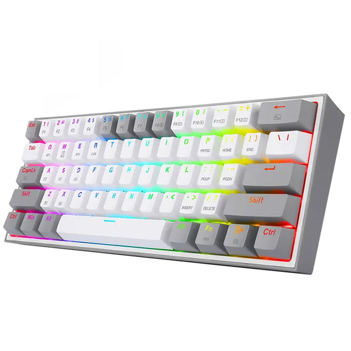 Redragon K616 RGB White & Grey Fizz Pro gaming keyboard shown from the right, featuring vibrant RGB illumination across the keys