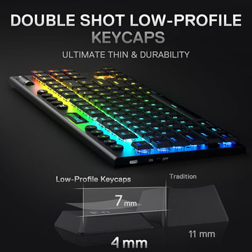 Image illustrating the low-profile design of Redragon K621 Black Horus keycaps (7mm/4mm height) compared to traditional keycaps (11mm)