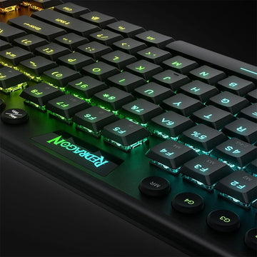 back view of the Redragon K621 Black Horus wireless keyboard, featuring the Redragon logo & vibrant RGB backlighting on the keys