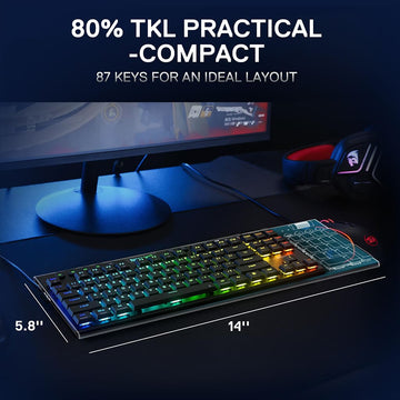 Image showing the compact 80% TKL size of the Redragon K621 Black Horus wireless keyboard (approx. 14" x 5.8") with 87 keys