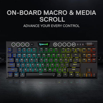 Black Redragon K621W Horus wireless mechanical gaming keyboard, highlighting its on-board macro recording & media scroll wheel