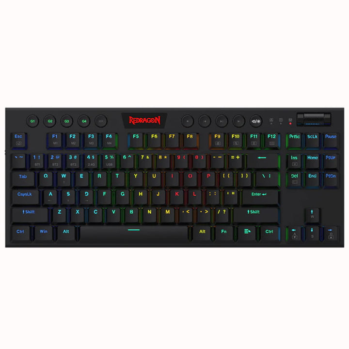 Front view of the black Redragon K621 Horus wireless mechanical gaming keyboard with RGB backlighting