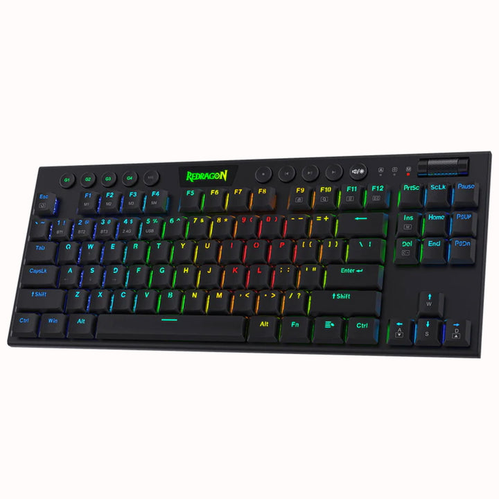 Redragon K621 Black Horus wireless gaming keyboard from the right side, showing the profile and illuminated keys