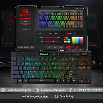 Redragon K621 Black Horus wireless keyboard with customizable backlit, macro, and key functions shown with the software interface