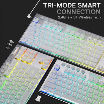 White Redragon K621 White Horus wireless keyboard image highlighting its tri-mode smart connectivity: 2.4Ghz and Bluetooth wireless