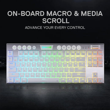  White Redragon K621 White Horus wireless mechanical gaming keyboard, highlighting its on-board macro recording & media scroll wheel