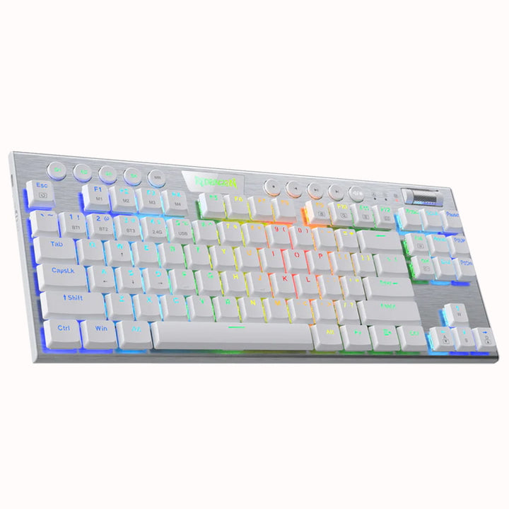 White Redragon K621 White Horus keyboard has a TKL layout with white keycaps and vibrant rainbow RGB backlighting illuminating