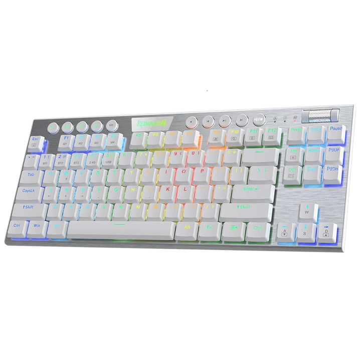 Right side view of the white Redragon K621W Horus wireless mechanical gaming keyboard with RGB backlighting