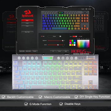Redragon K621 White Horus wireless keyboard with customizable backlit, macro, and key functions shown with the software interface