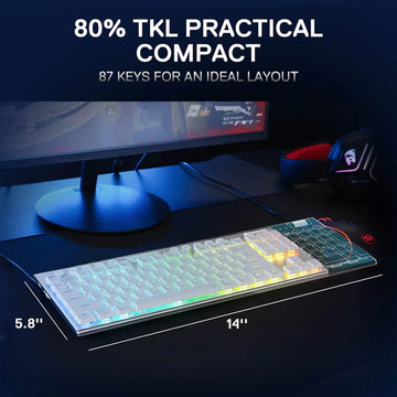 Redragon K621 White Horus wireless gaming keyboard highlighting its compact 80% TKL layout with 87 keys & dimensions (approx. 14" x 5.8")