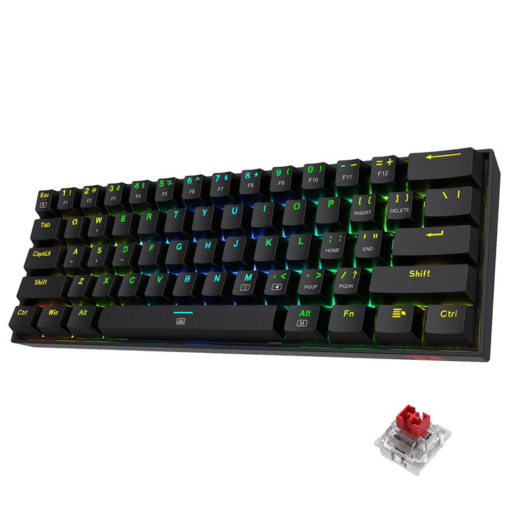 Redragon K630 Dragonborn Black 60% RGB Gaming Keyboard, displaying colorful backlighting and a red mechanical switch is shown separately