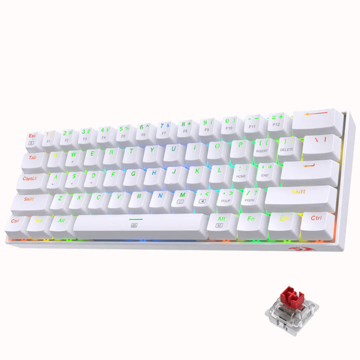 Redragon K630 Compact White mechanical keyboard with RGB backlighting beneath the keys. Features a red switch keycap beside it