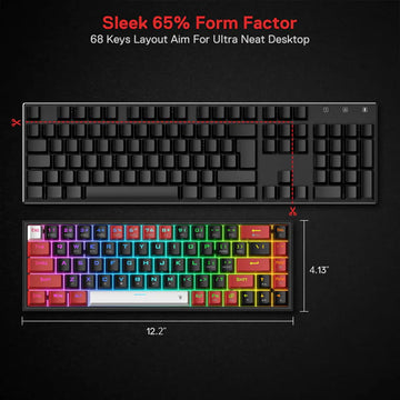 Redragon K631 Castor PRO RGB Gaming Keyboard highlighting its 65% compact size of 12.2 inches by 4.13 inches with RGB Lighting