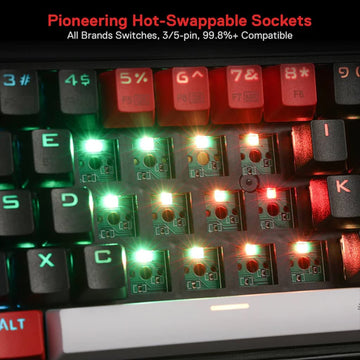 Close-up of the Redragon K631 Castor PRO RGB Gaming Keyboard showcasing illuminated keys and hot-swappable sockets