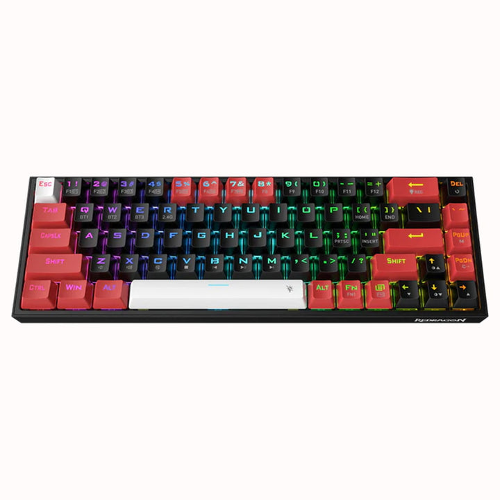Redragon K631 PRO RGB black keyboard featuring multicolored keys, including a prominent space bar
