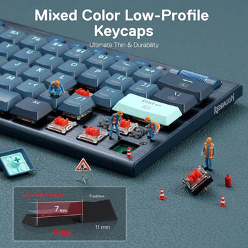 Redragon K632 PRO Blue Mechanical Keyboard, showcasing its low-profile red switches & mixed-color keycaps, highlighting 4mm key travel