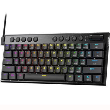 K632 Pro Black RGB mechanical keyboard with vibrant RGB backlighting in a gradient, ranging from blue to red. with features multimedia control