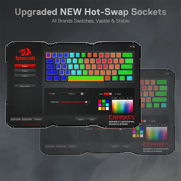 Redragon K644 Caraxes keyboard customization software, showing tabs for button settings, macro editor & lighting