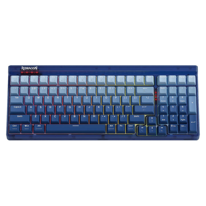 Front view of Redragon K656 Garen PRO Blue Mechanical Keyboard blue switches with different blue color keys 