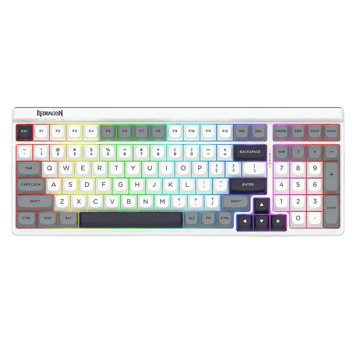 A compact full-size white mechanical keyboard with rainbow RGB backlighting and a numeric keypad.