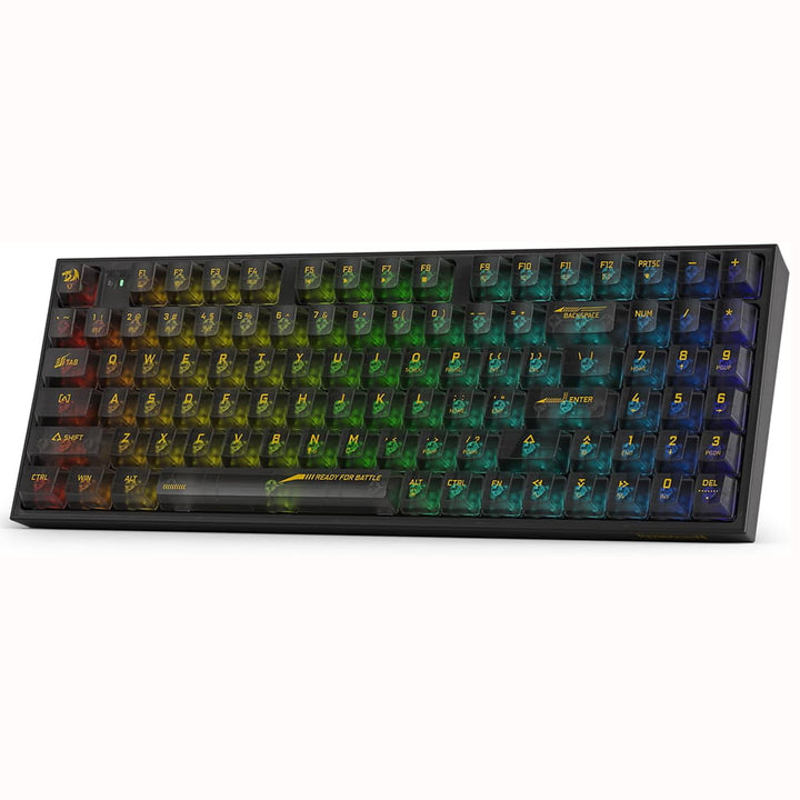 Angled view of Redragon K658 Irelia PRO SE Black RGB Gaming Keyboard a translucent white frame and transparent keycaps
