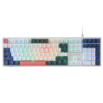 Full-size white Redragon mechanical keyboard with mixed-color keycaps and a standard 108-key layout.