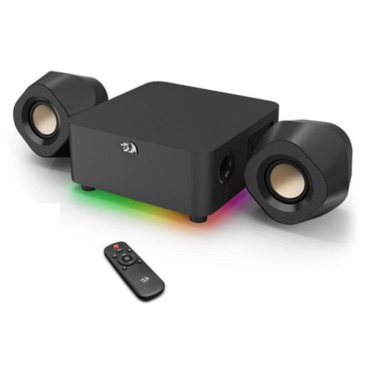 Redragon Kaidas GS590 Pro RGB Gaming Speakers with a central subwoofer and two compact satellite speakers, featuring colorful RGB lighting with controller 