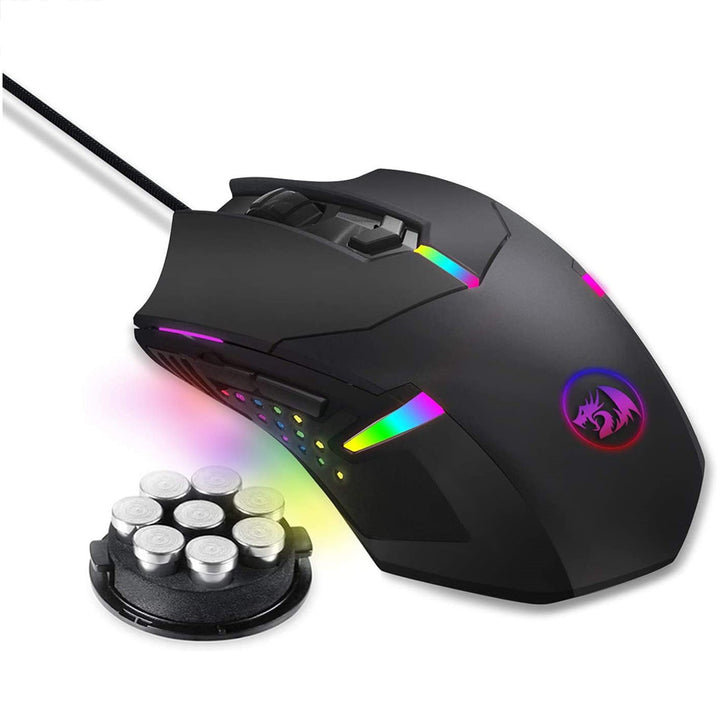 Redragon M601 Centrophorus Gaming Mouse with vibrant multi-color RGB lighting, along its body and containing eight silver weights 