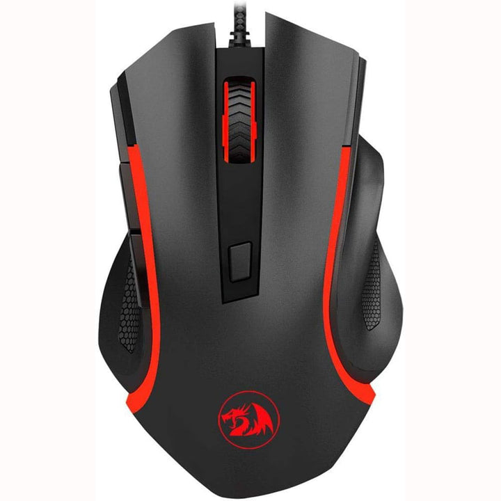 Black gaming mouse with red accents on a white background