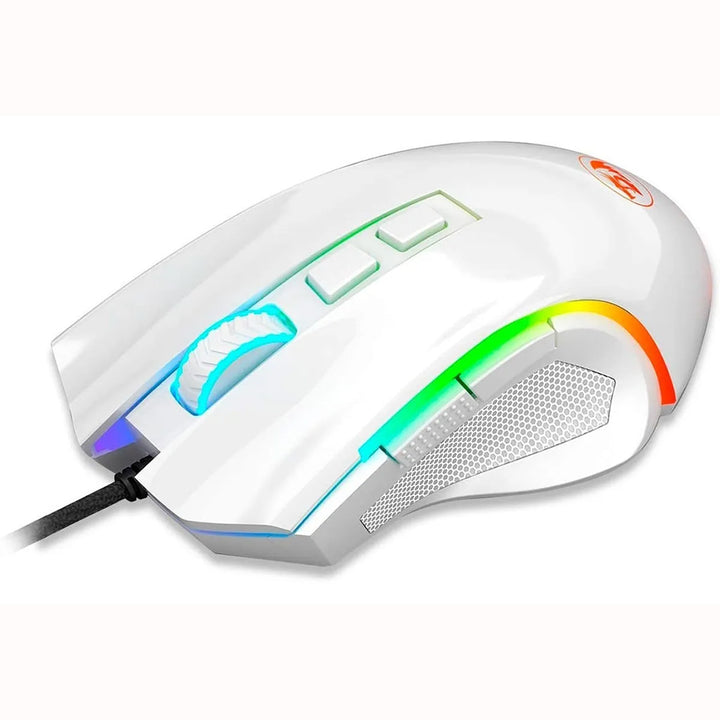 Right side view of the White Redragon M607W Griffin RGB gaming mouse, highlighting its ergonomic shape & colorful RGB lighting strip