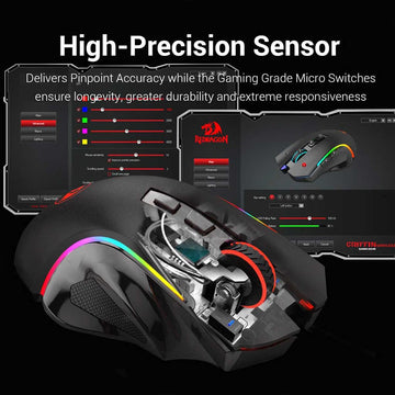 Redragon M607-KS Griffin Elite RGB mouse software showing its high-precision sensor and durable gaming-grade micro switches