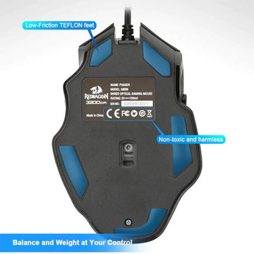 Redragon M609 wired optical gaming mouse shows blue low-friction Teflon feet, product details, and highlights non-toxic materials